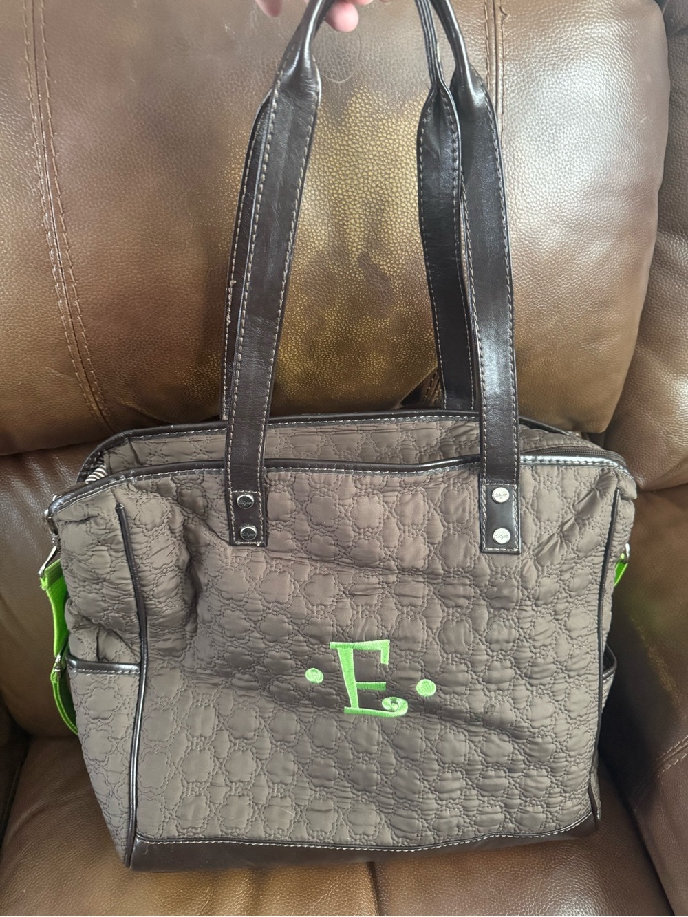 Thirty-One Quilted Brown Shoulder Weekender Tote w/ Lime Green “E”